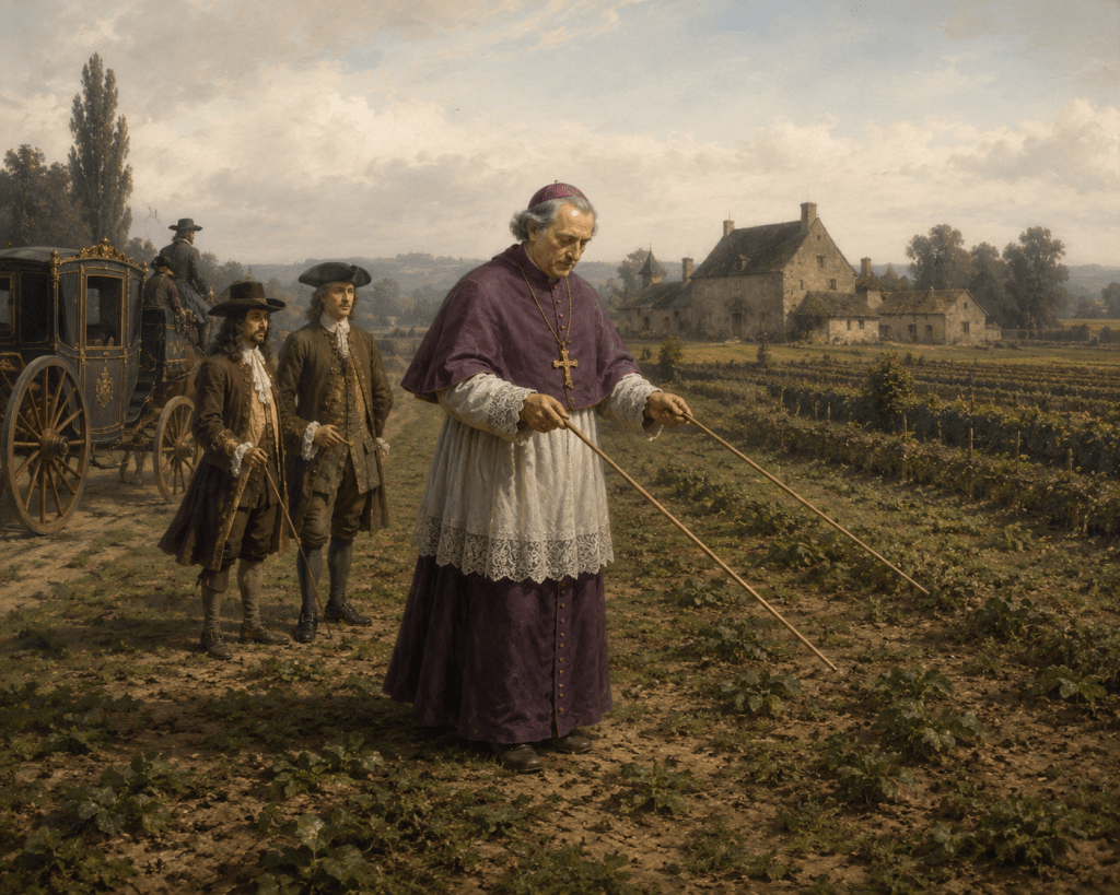 Illustration of a seventeenth-century Catholic bishop searching for underground water with dowsing rods. The practice sparked centuries of debate among scientists, theologians, and Church authorities over whether it reflected natural ability, psychology, or something preternatural.
